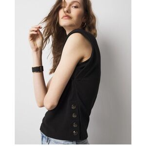 White House Black Market Black Ribbed Knit Button Sides Crew Pullover Vest Top